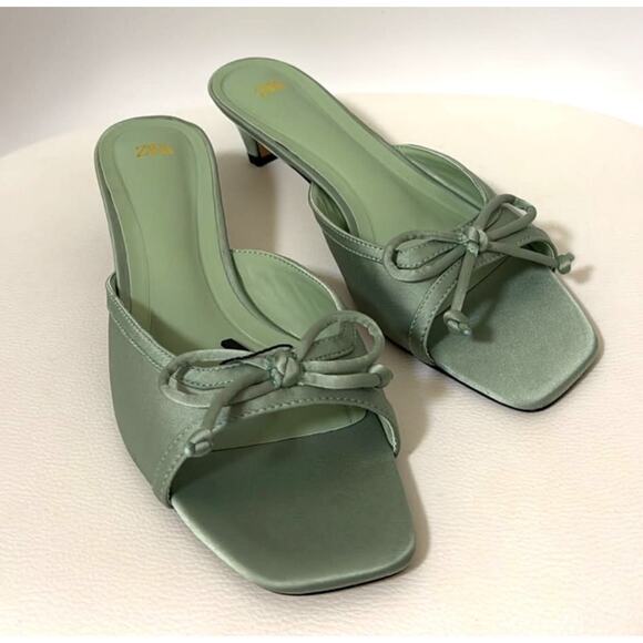 ZARA Open Toe Heels NWT | Green Bow Detail Square Toe - Picture 9 of 16